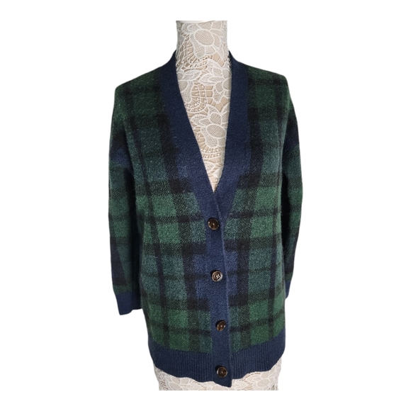 Loft Plaid Boyfriend fit Cardigan size Small wool blend comfy fuzzy oversized - Picture 2 of 7